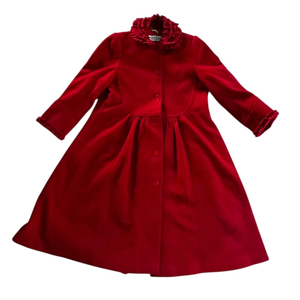 Vintage Sarah Louise England ECC Girls Pea Coat Ruffled Red Winter Luxury 70-90s